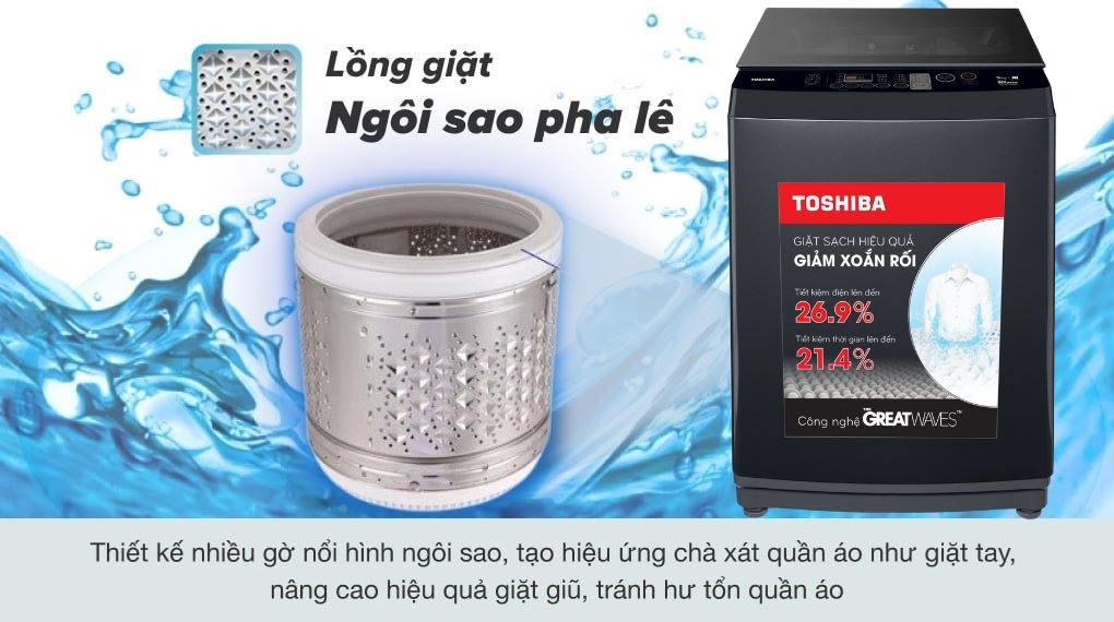 Máy giặt Toshiba Inverter 9.0 kg AW-DK1000FV(KK) - Lồng giặt ngôi sao pha lê