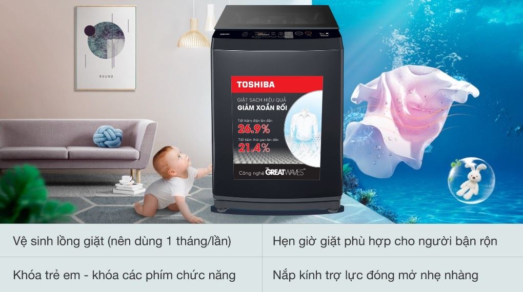 Máy giặt Toshiba Inverter 9.0 kg AW-DK1000FV(KK) - Khóa trẻ em