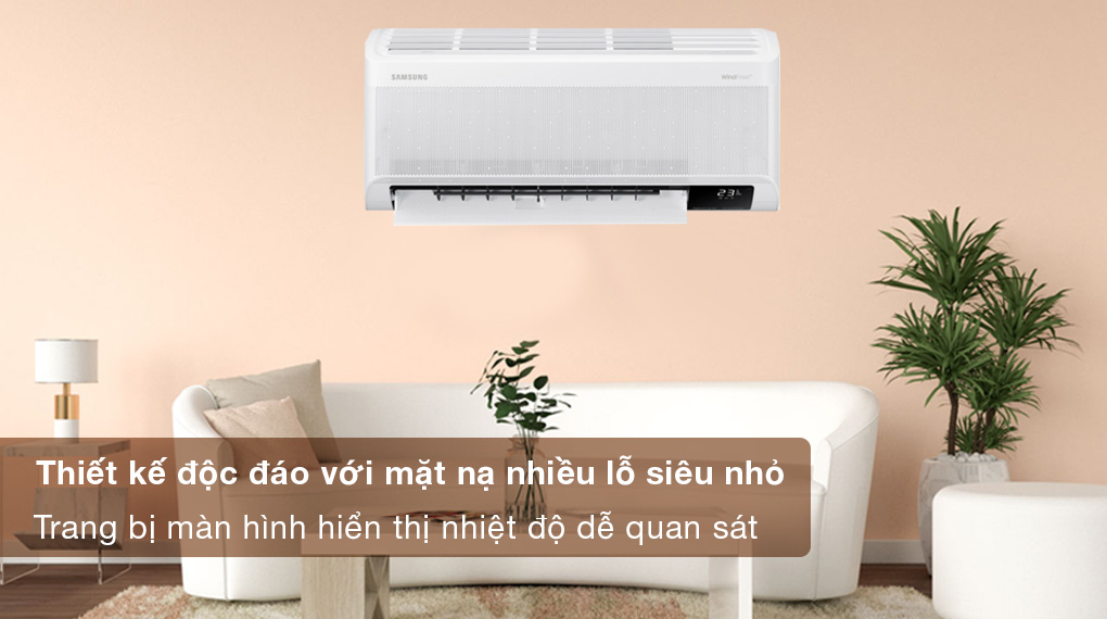 Máy lạnh Samsung Inverter 1 HP AR10CYFAAWKNSV - Kiểu dáng độc đáo với mặt dàn lạnh có họa tiết lỗ siêu nhỏ, trang bị màn hình hiển thị nhiệt độ dễ quan sát
