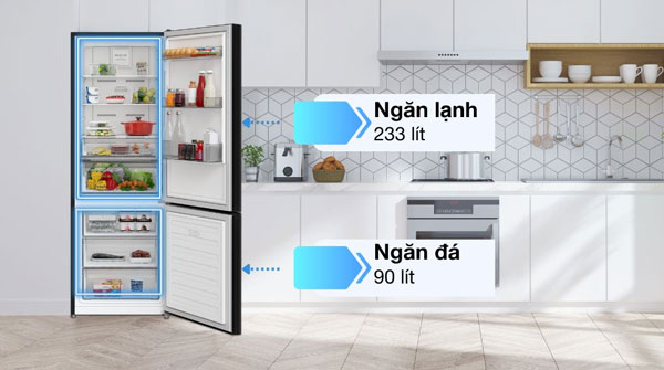 Tủ lạnh 2 cánh Hitachi HRBN6340DGBKVN có dung tích sử dụng là 323 lít