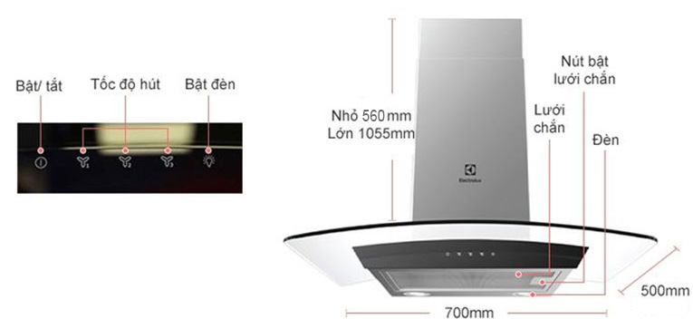 Cấu tạo và kích thước của máy hút khói Electrolux EFC736GAR Cấu tạo và kích thước của máy hút khói Electrolux EFC736GAR