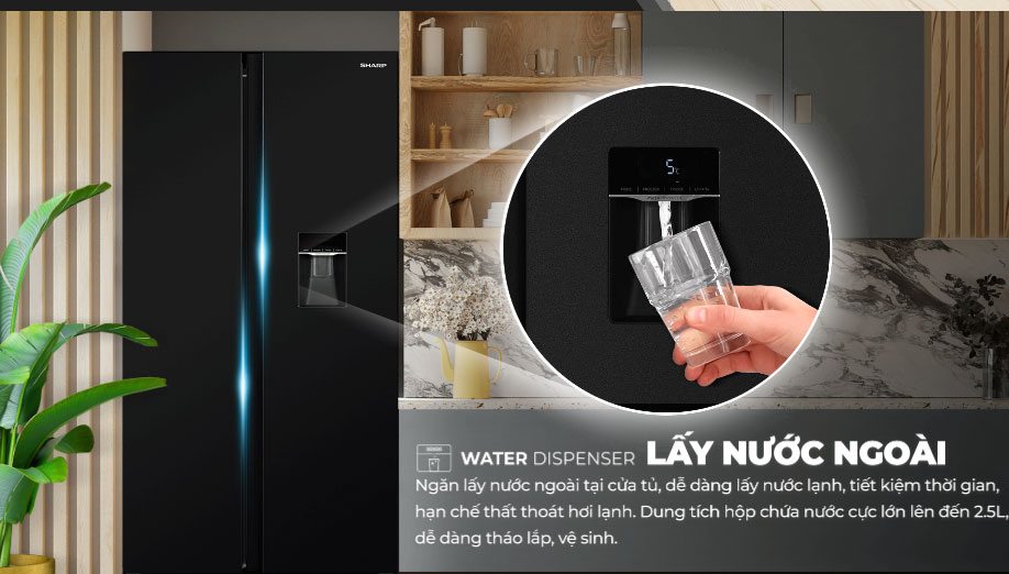 Tủ lạnh Sharp SBX530WD-DG có chức năng lấy nước ngoài cửa Tủ lạnh Sharp SBX530WD-DG có chức năng lấy nước ngoài cửa