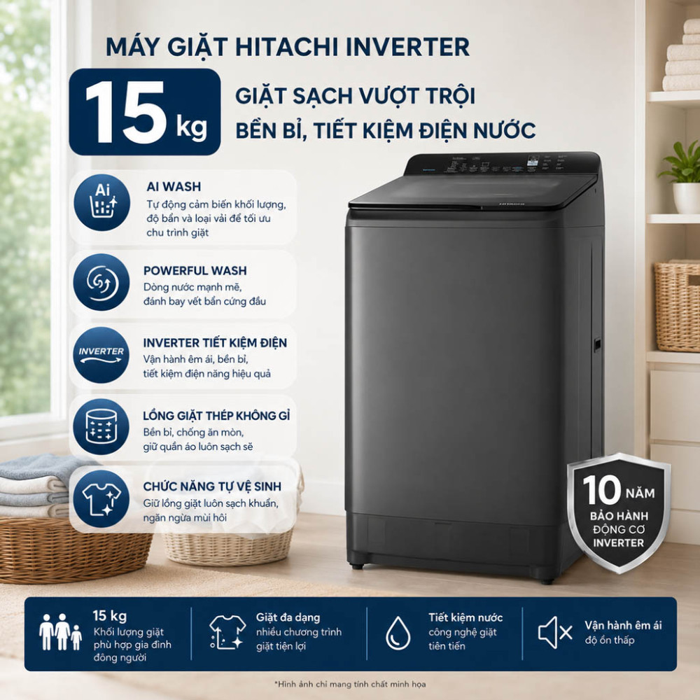 Máy giặt Hitachi Inverter 15 kg LTL 15MVW0T - Hàng chính hãng