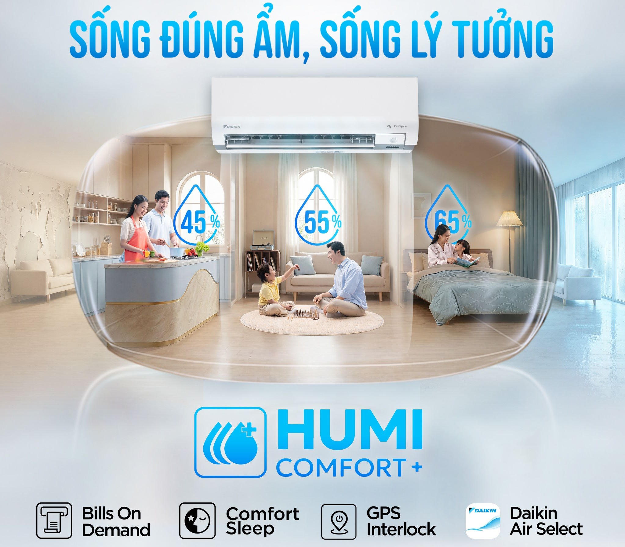 Humi Comfort Plus kiểm soát độ ẩm, hạn chế khô da khô họng Điều hòa Daikin Inverter FTKM25AVMV/RKM25AVMV