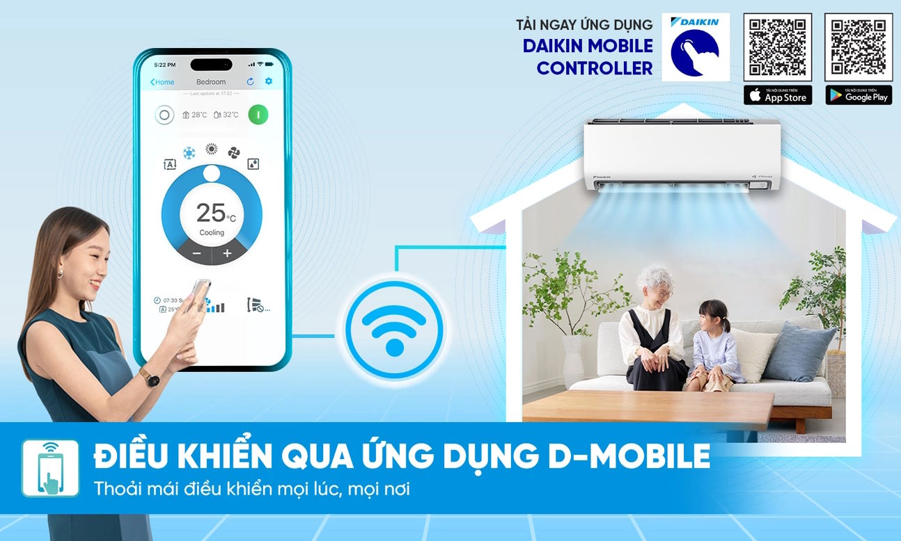 Điều khiển thông minh qua ứng dụng và giọng nói Điều hòa Daikin 1HP FTKM25AVMV/RKM25AVMV