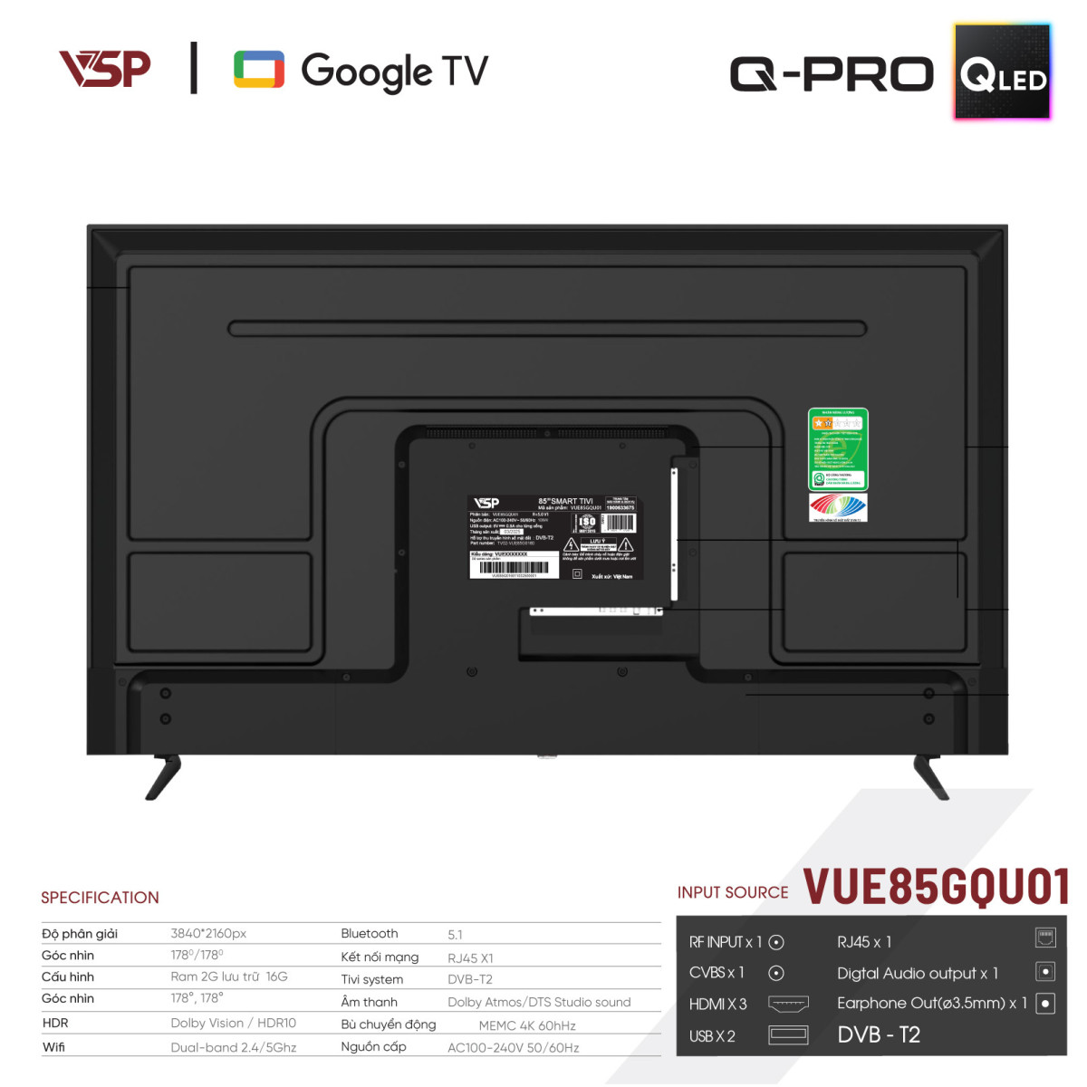 VSP Smart TV 85 inch Q-PRO Series (4K QLED / Google TV / AiPQ / AiAQ Karaoke)
