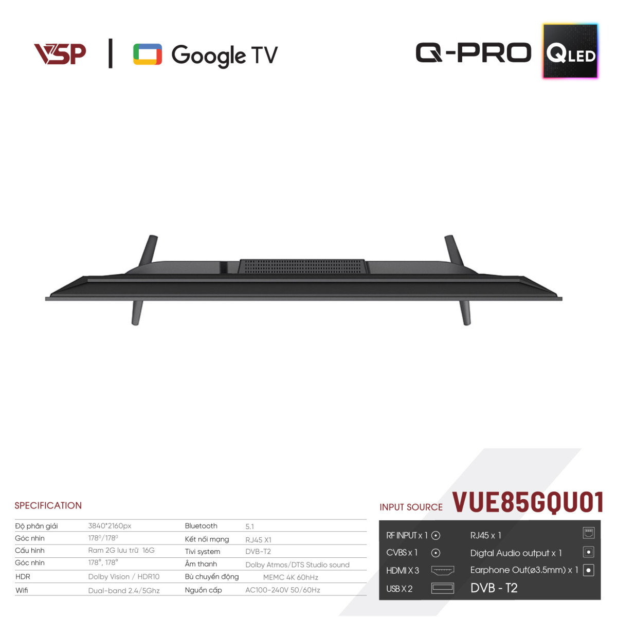 VSP Smart TV 85 inch Q-PRO Series (4K QLED / Google TV / AiPQ / AiAQ Karaoke)
