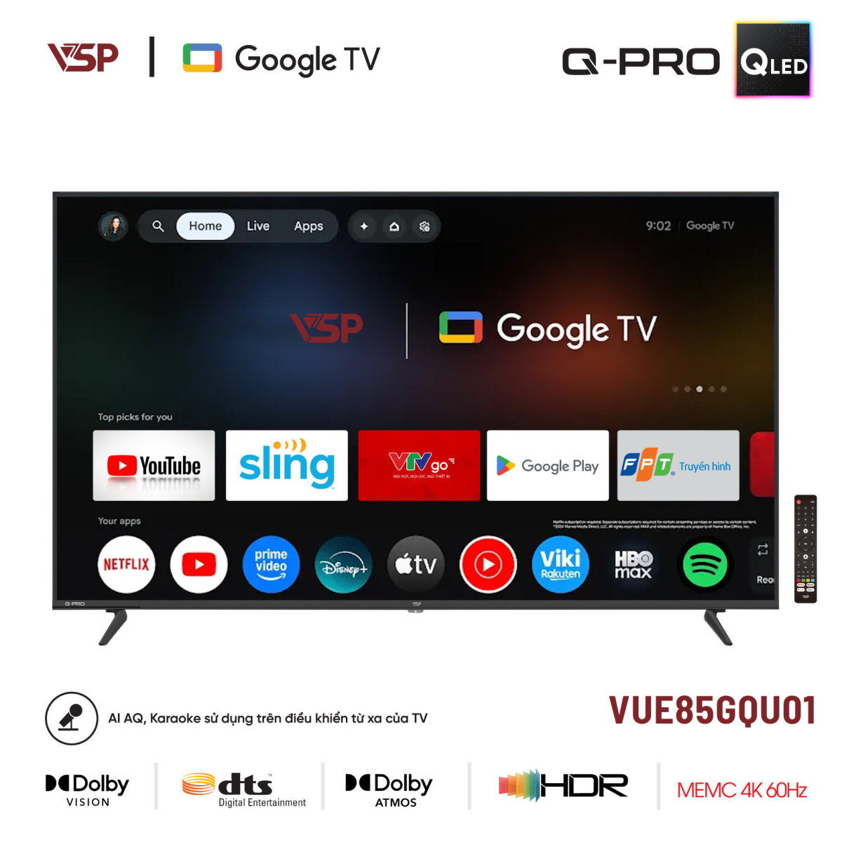 VSP Smart TV 85 inch Q-PRO Series (4K QLED / Google TV / AiPQ / AiAQ Karaoke)