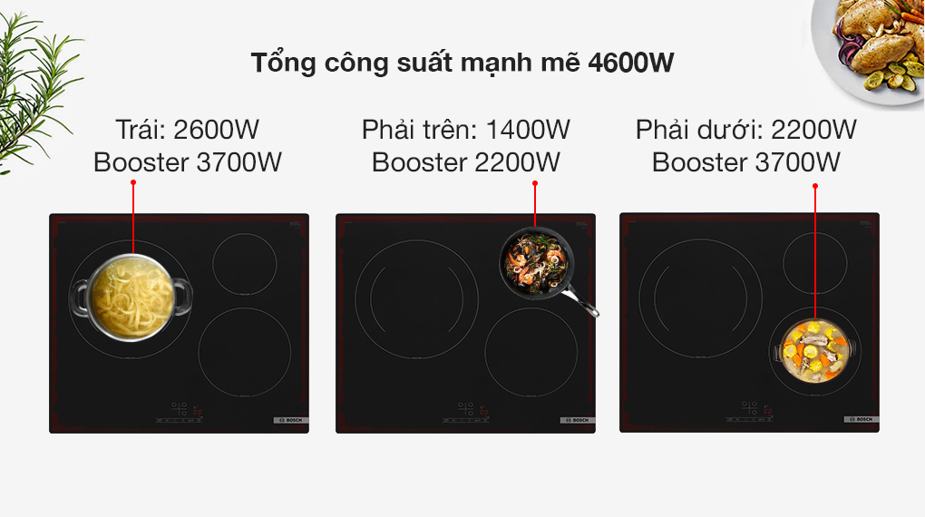 Công suất các vùng nấu của bếp từ 3 vùng nấu Bosch PUJ61RBB5E