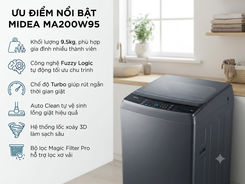 Máy giặt cửa trên Midea 9.5kg MA200W95 Máy giặt cửa trên Midea 9.5kg MA200W95