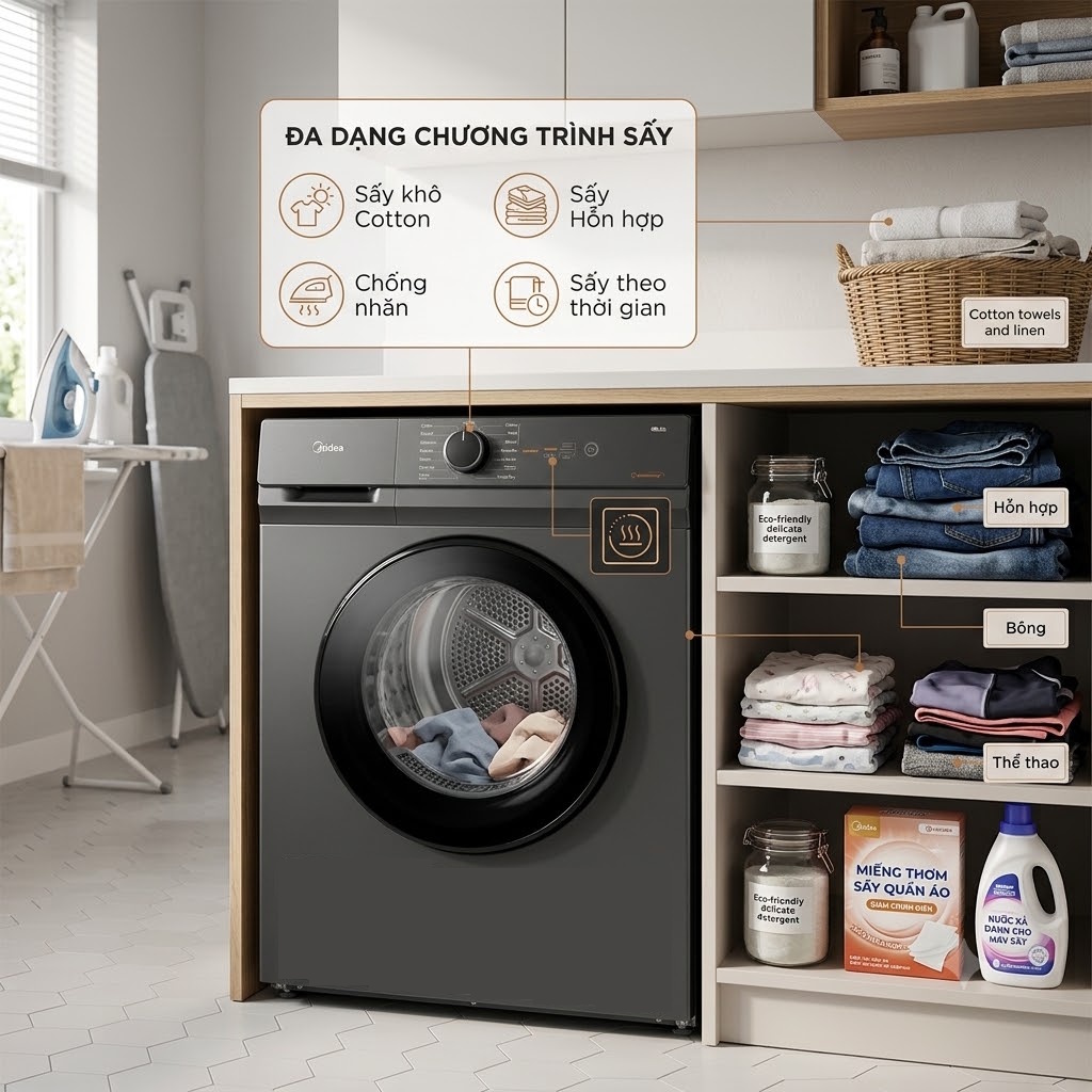 Nhiều chương trình sấy linh hoạt cho từng loại vải Máy sấy thông hơi Midea