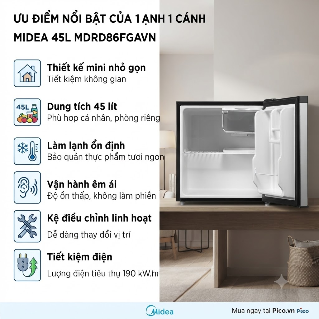 Tủ lạnh 1 cánh Midea 45 lít MDRD86FGA50VN Tủ lạnh 1 cánh Midea 45 lít MDRD86FGA50VN