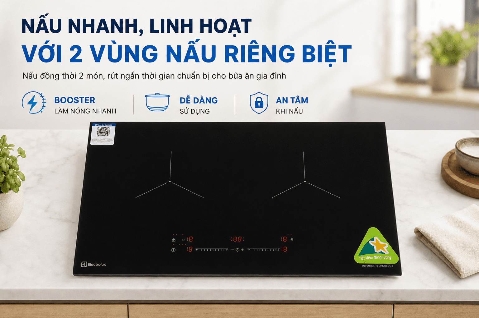 Bếp từ đôi âm Electrolux ​EHI7266BF 5000W - Nấu nhanh, linh hoạt với 2 vùng nấu riêng biệt