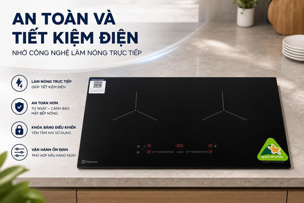 Bếp từ đôi âm Electrolux ​EHI7266BF 5000W - An toàn và tiết kiệm điện nhờ công nghệ làm nóng trực tiếp