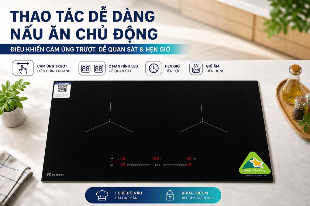 Bếp từ đôi âm Electrolux ​EHI7266BF 5000W - Điều khiển cảm ứng trượt dễ thao tác, tiện quan sát và hẹn giờ